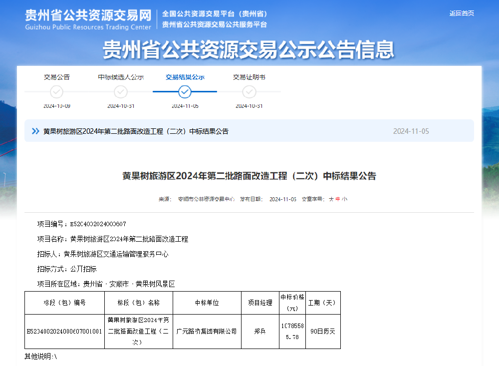 喜報|路橋集團成功中標黃果樹旅游區2024年第二批路面改造工程